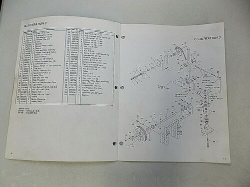 Technical diagram with labeled parts and a reference list on the left page.