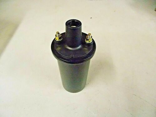 Black cylindrical ignition coil with two brass terminals on top.